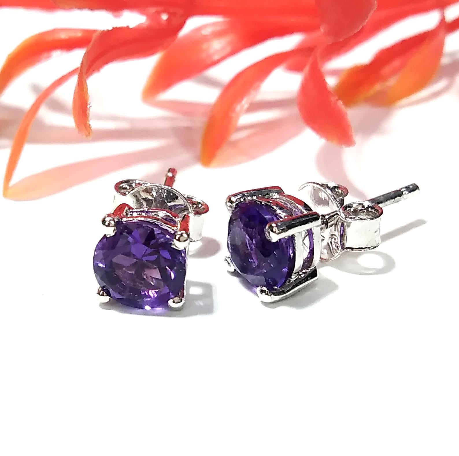 Amethyst Stud Earrings, 925 Solid Starling Silver Earring Jewelry, Natural Amethyst Gemstone Round Shape Stone Size 6x6 mm Gift For Women.
